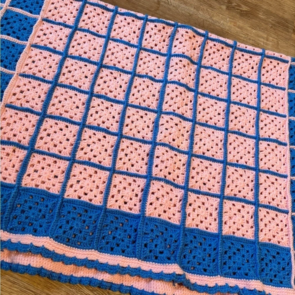 Vintage Handmade Crochet Afghan Pink and Blue With Granny Square Pattern